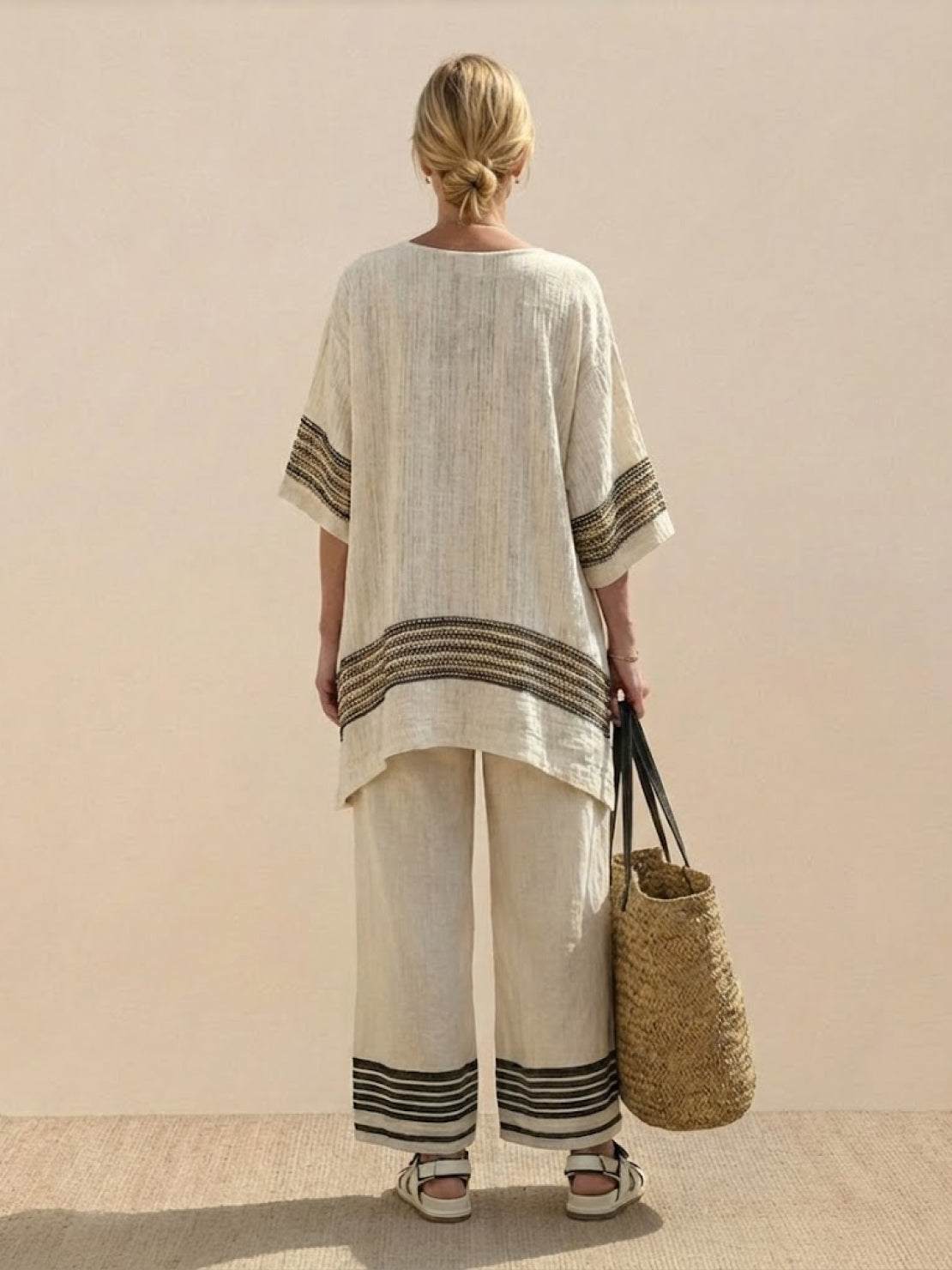 Women's Striped Wide Leg Pants Set Cotton Casual