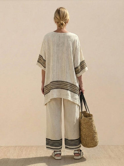 Women's Striped Wide Leg Pants Set Cotton Casual