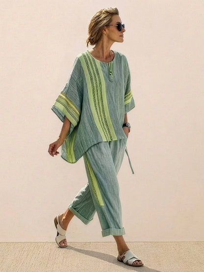Women's Striped Wide Leg Pants Set Cotton Casual