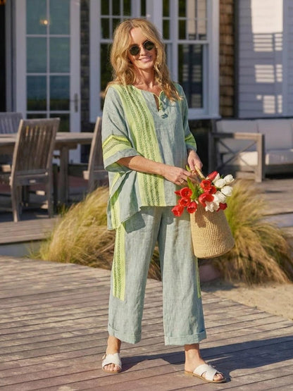 Women's Striped Wide Leg Pants Set Cotton Casual