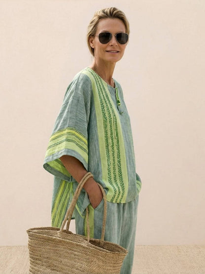 Women's Striped Wide Leg Pants Set Cotton Casual