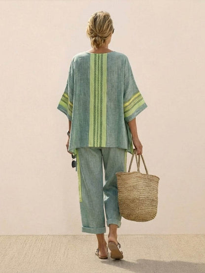 Women's Striped Wide Leg Pants Set Cotton Casual