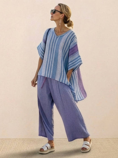 Women's Striped Wide Leg Pants Set Cotton Casual