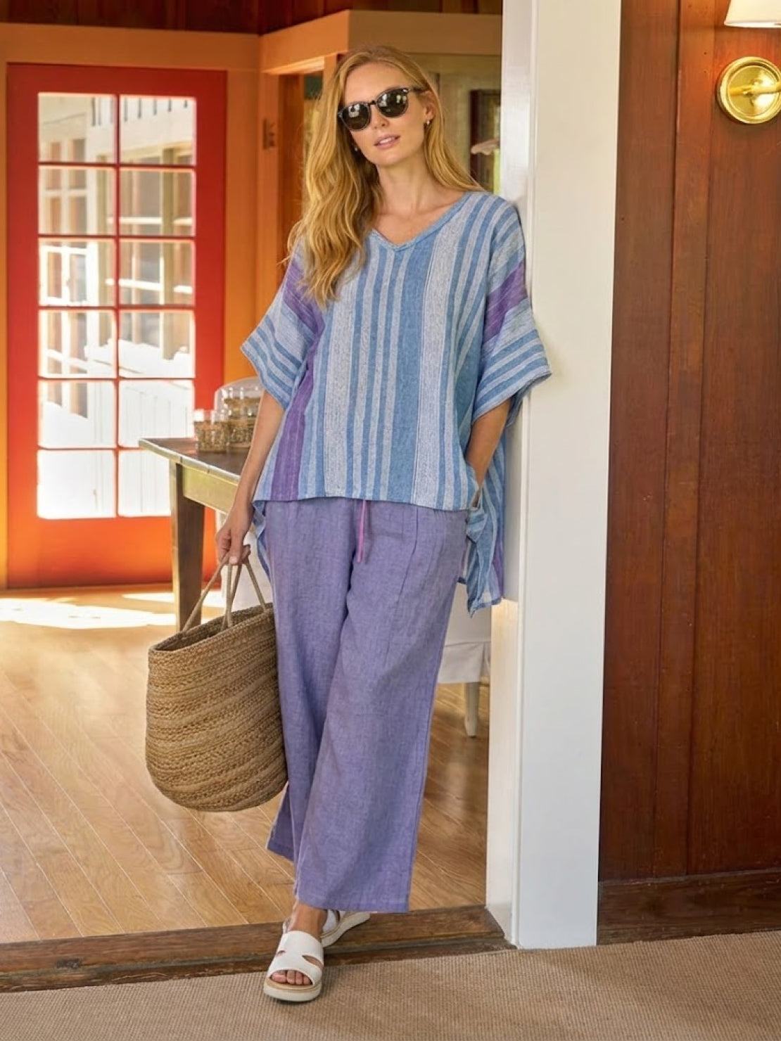 Women's Striped Wide Leg Pants Set Cotton Casual