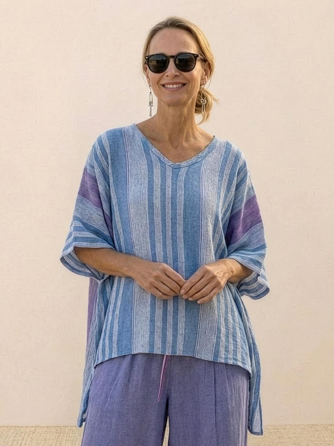 Women's Striped Wide Leg Pants Set Cotton Casual