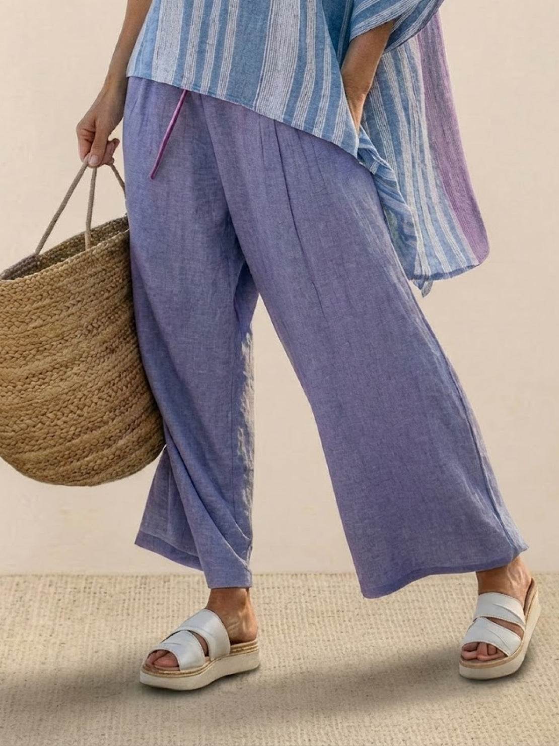 Women's Striped Wide Leg Pants Set Cotton Casual