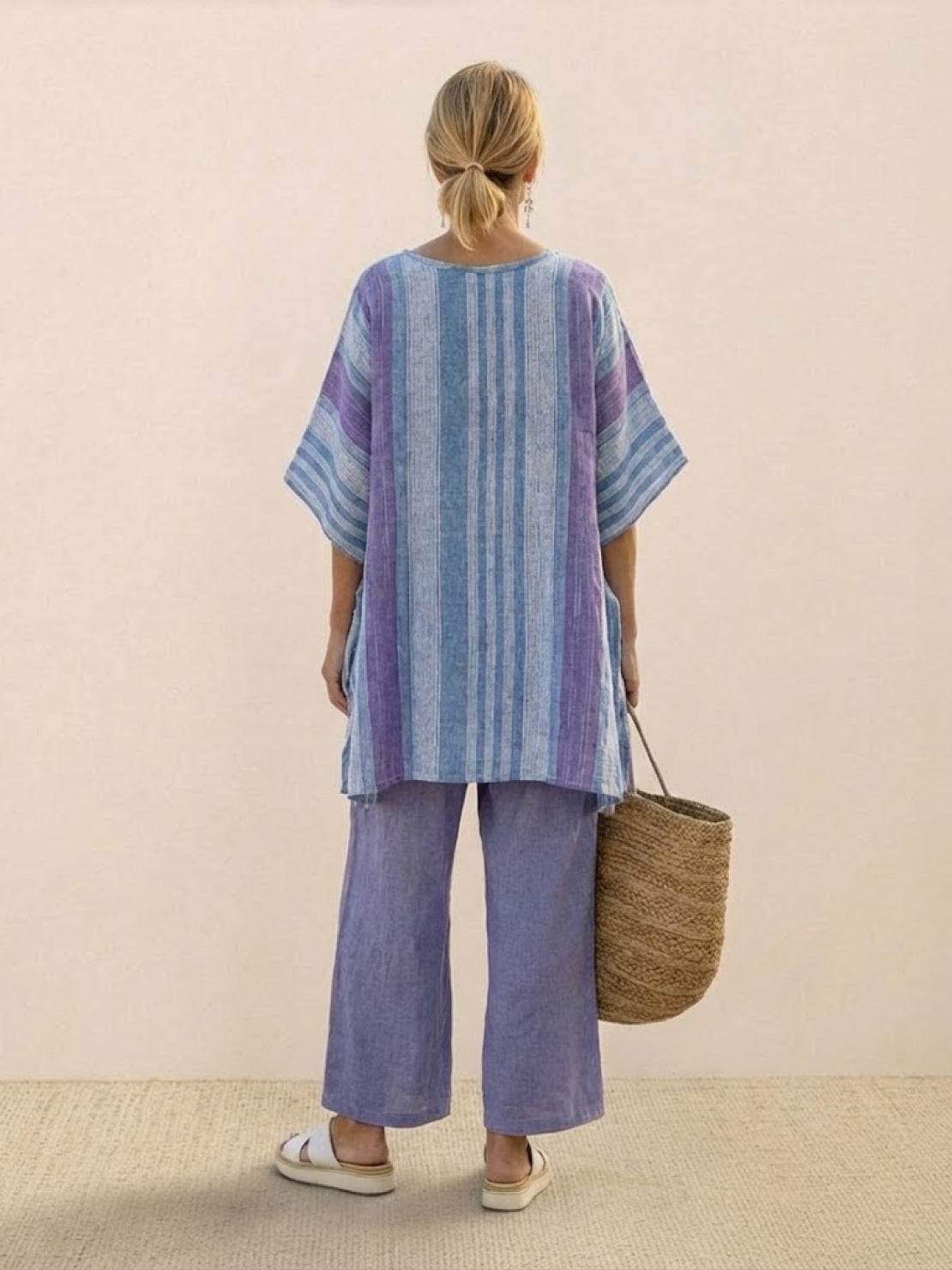 Women's Striped Wide Leg Pants Set Cotton Casual