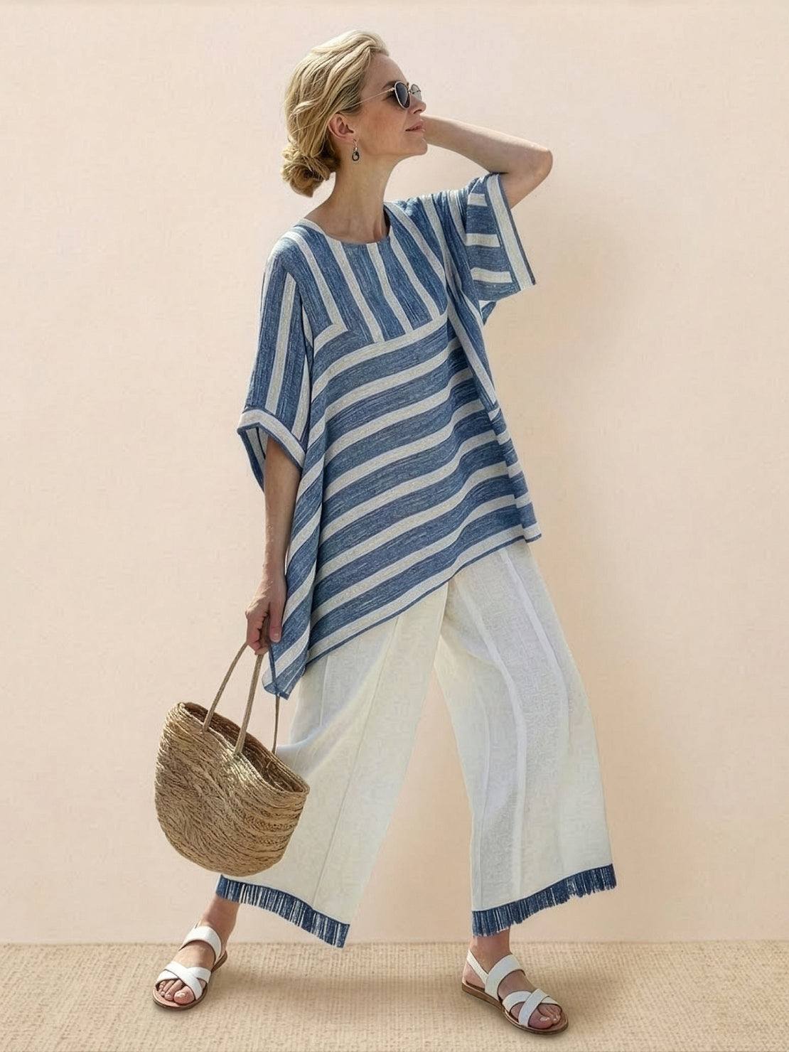 Women's Striped Wide Leg Pants Set Cotton Casual