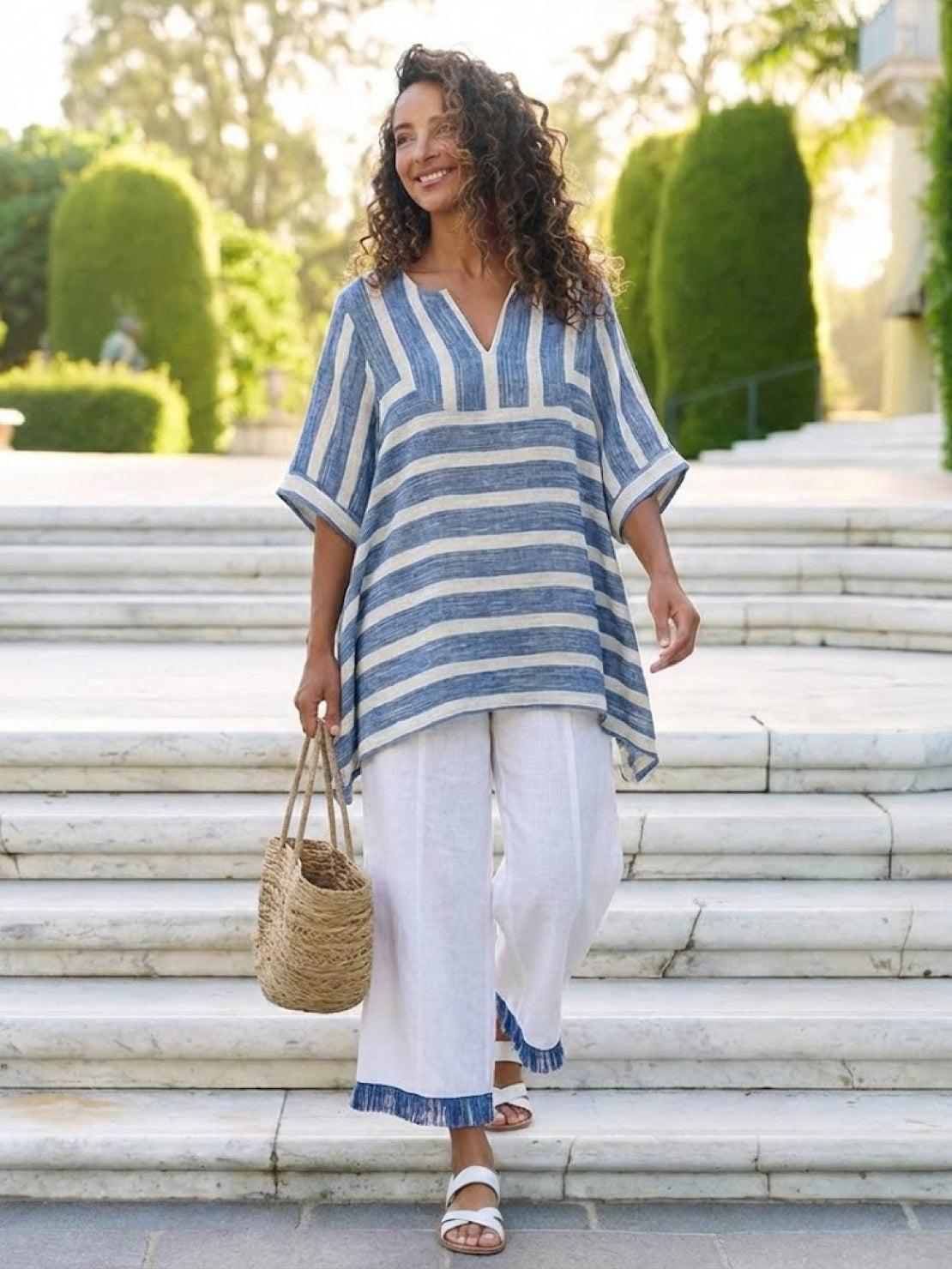 Women's Striped Wide Leg Pants Set Cotton Casual