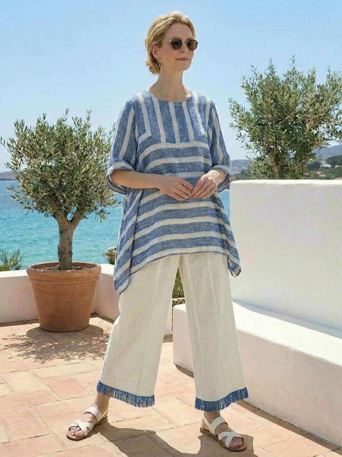Women's Striped Wide Leg Pants Set Cotton Casual