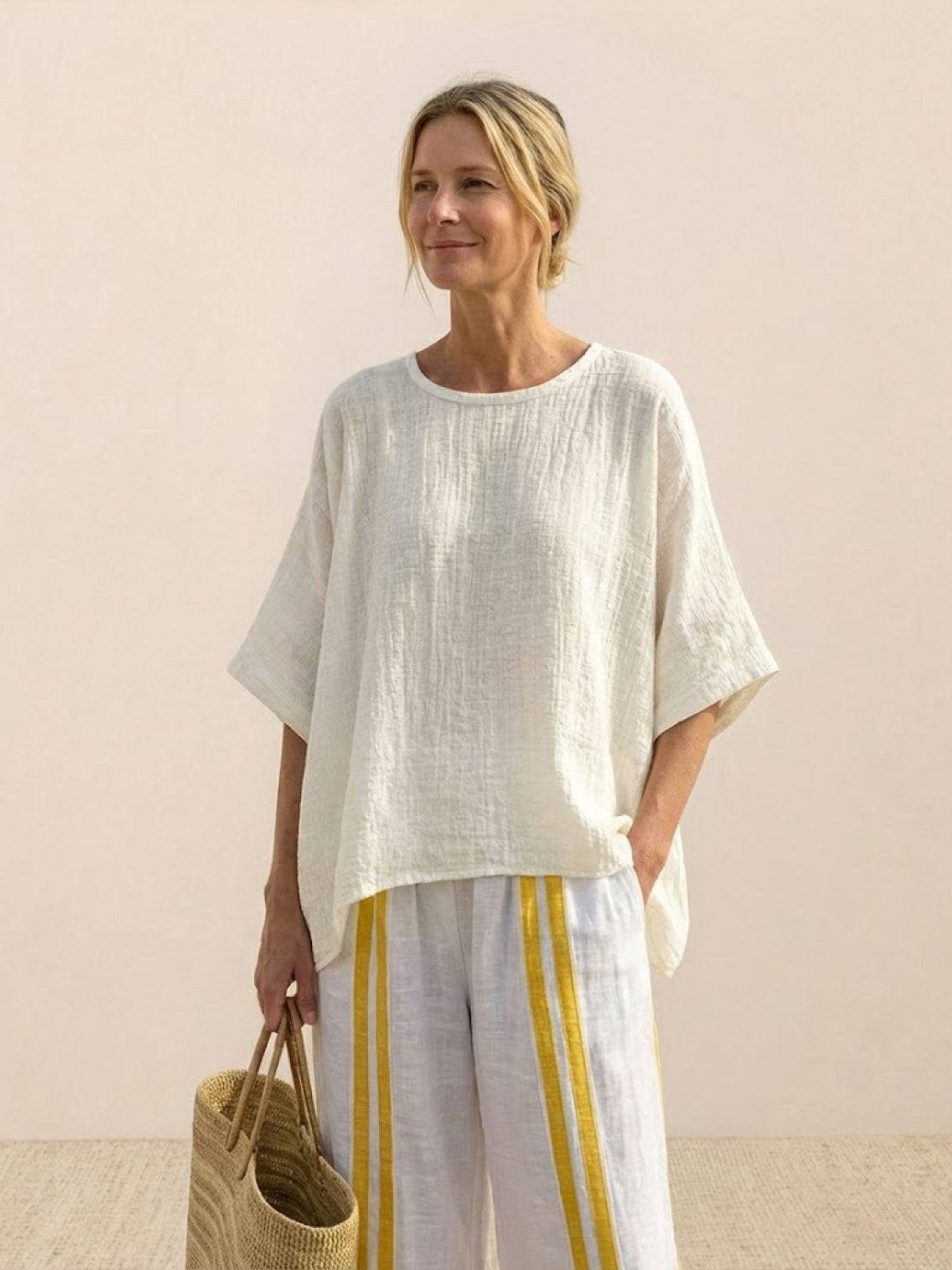 Women's Striped Wide Leg Pants Set Cotton Casual