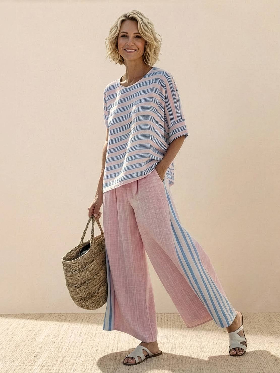 Relaxed Fit Striped Pants and Top 2-Piece Outfit