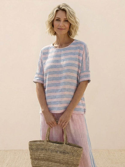 Women's Striped Wide Leg Pants Set Cotton Casual