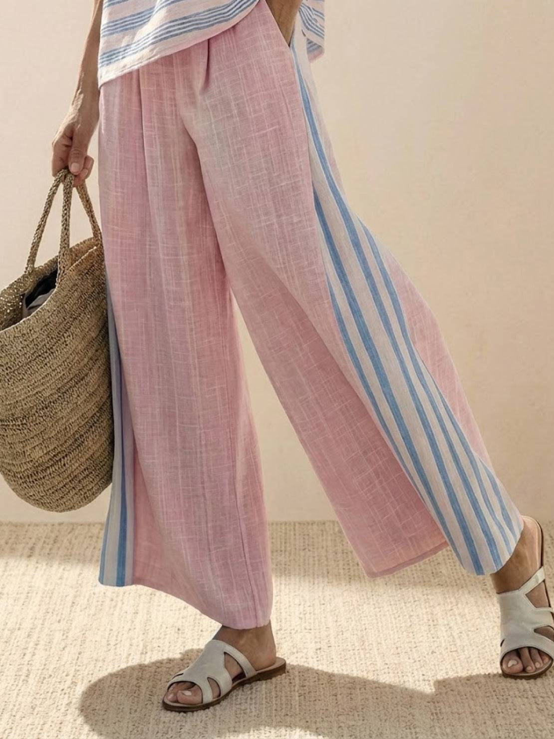 Women's Striped Wide Leg Pants Set Cotton Casual