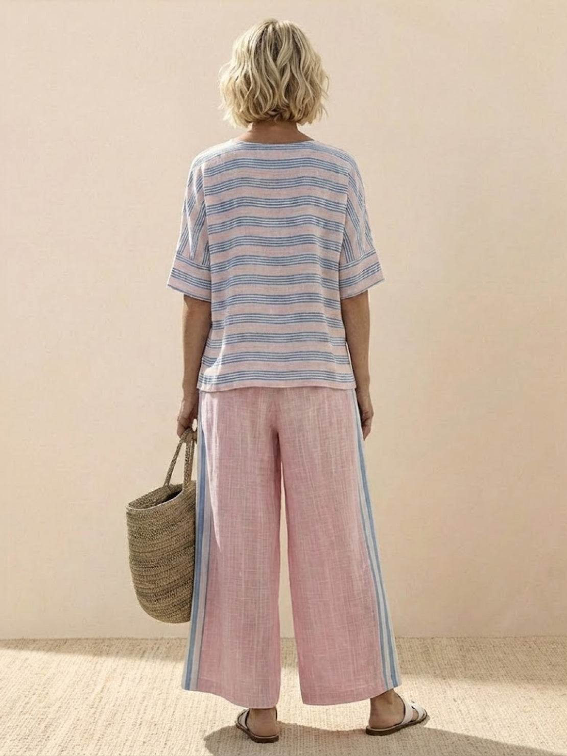 Women's Striped Wide Leg Pants Set Cotton Casual