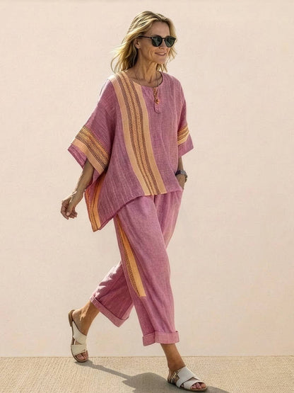 Women's Striped Wide Leg Pants Set Cotton Casual