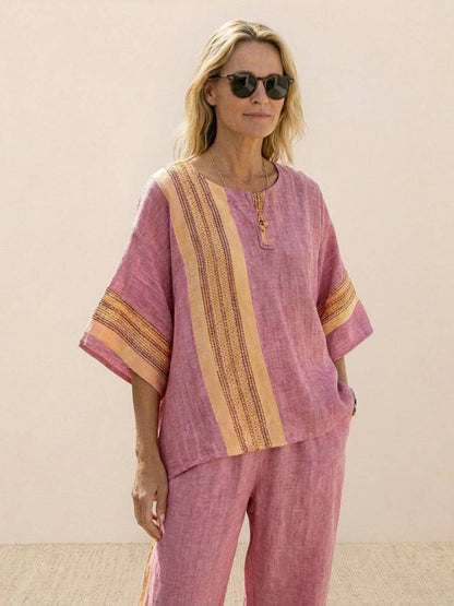 Women's Striped Wide Leg Pants Set Cotton Casual