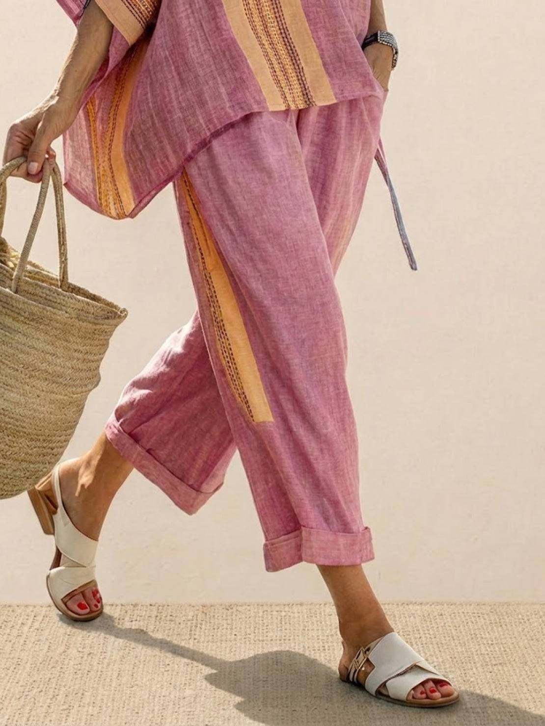 Women's Striped Wide Leg Pants Set Cotton Casual
