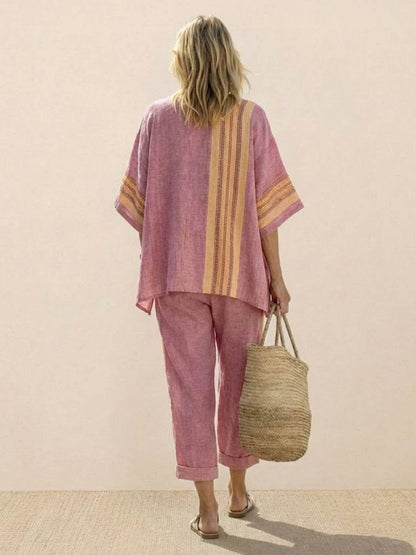 Women's Striped Wide Leg Pants Set Cotton Casual