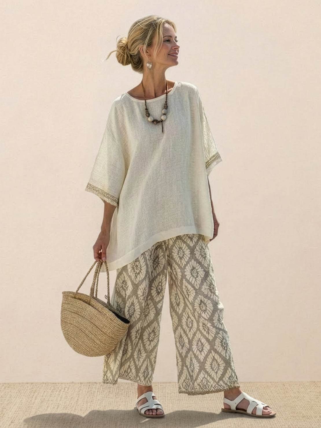 Women's Striped Wide Leg Pants Set Cotton Casual