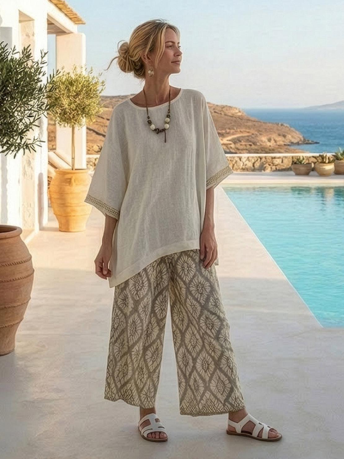 Women's Striped Wide Leg Pants Set Cotton Casual