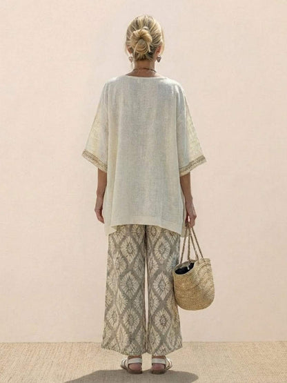 Women's Striped Wide Leg Pants Set Cotton Casual