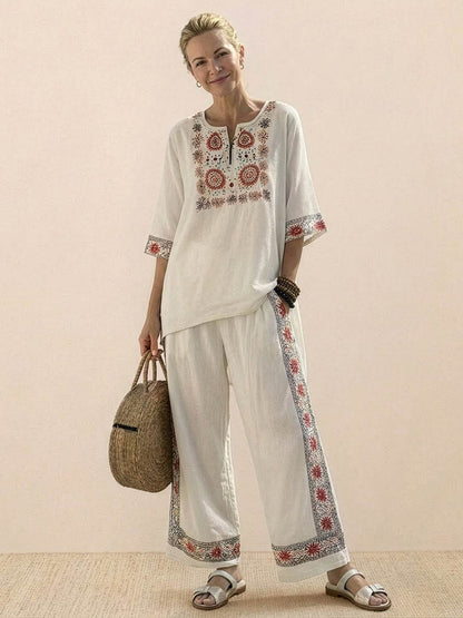 Women's Striped Wide Leg Pants Set Cotton Casual