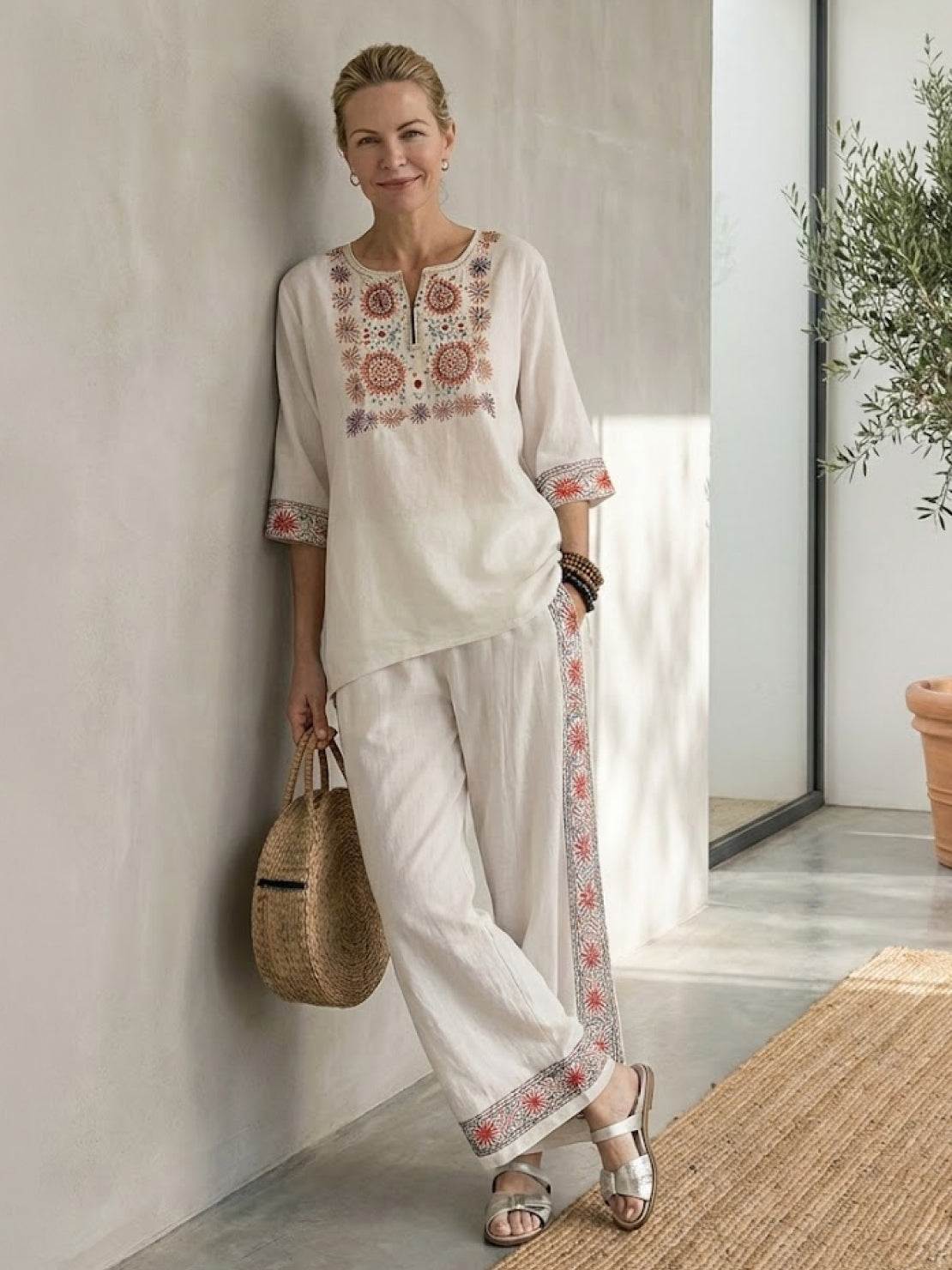 Women's Striped Wide Leg Pants Set Cotton Casual