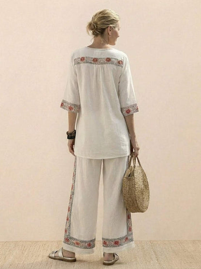 Women's Striped Wide Leg Pants Set Cotton Casual