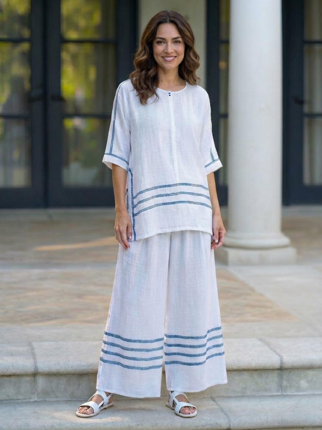 Women's Striped Wide Leg Pants Set Cotton Casual