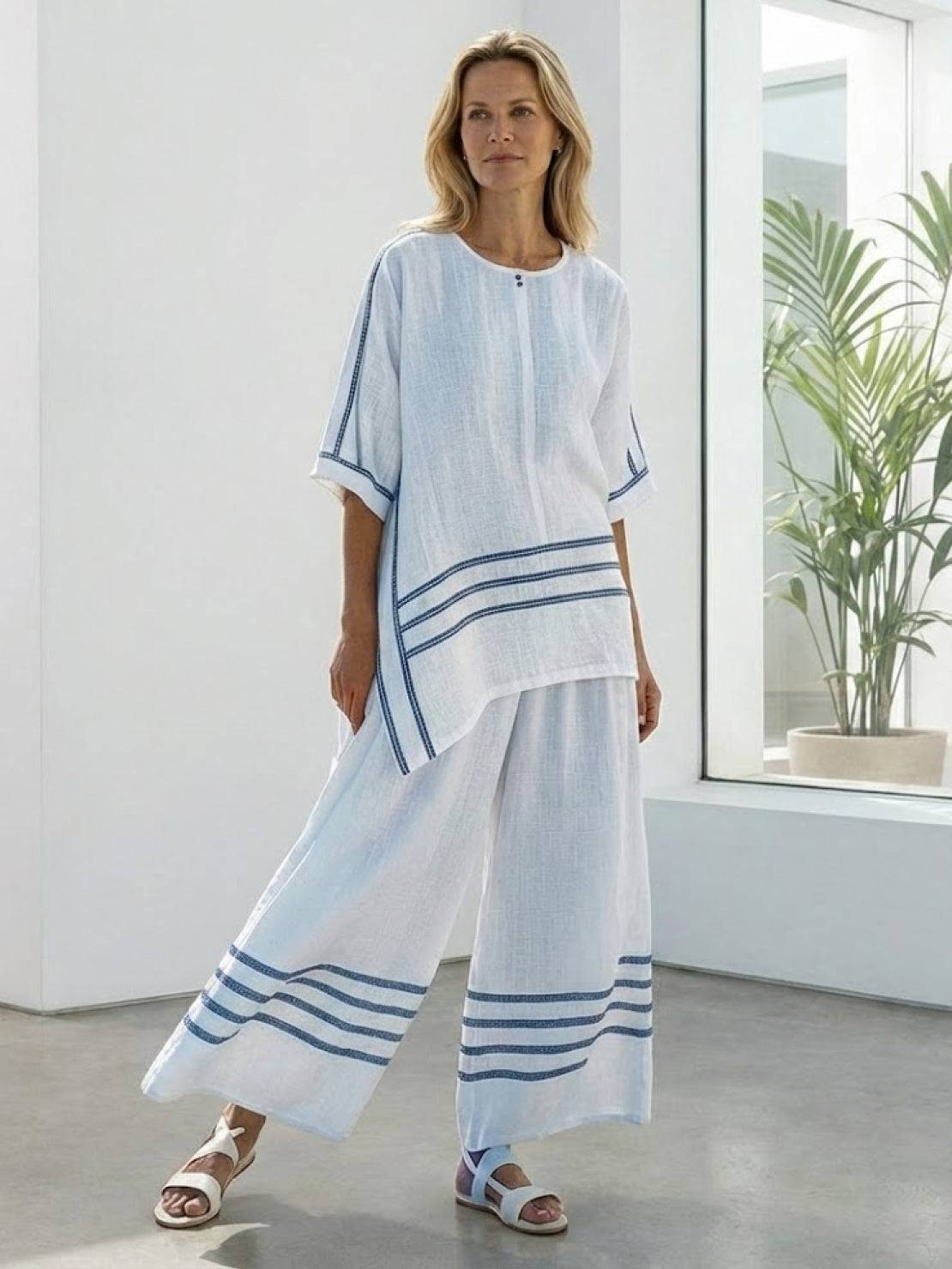 Women's Striped Wide Leg Pants Set Cotton Casual