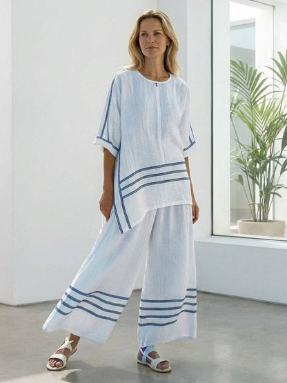Women's Striped Wide Leg Pants Set Cotton Casual