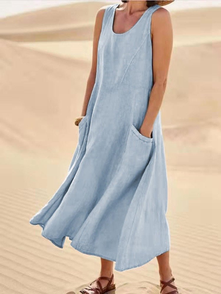 Women's Casual Sleeveless Maxi Dress Scoop Neck With Pockets