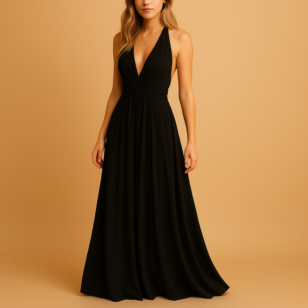 Women’s convertible multiway dress with adjustable top and versatile styling options, perfect for weddings, parties, and formal occasions.
