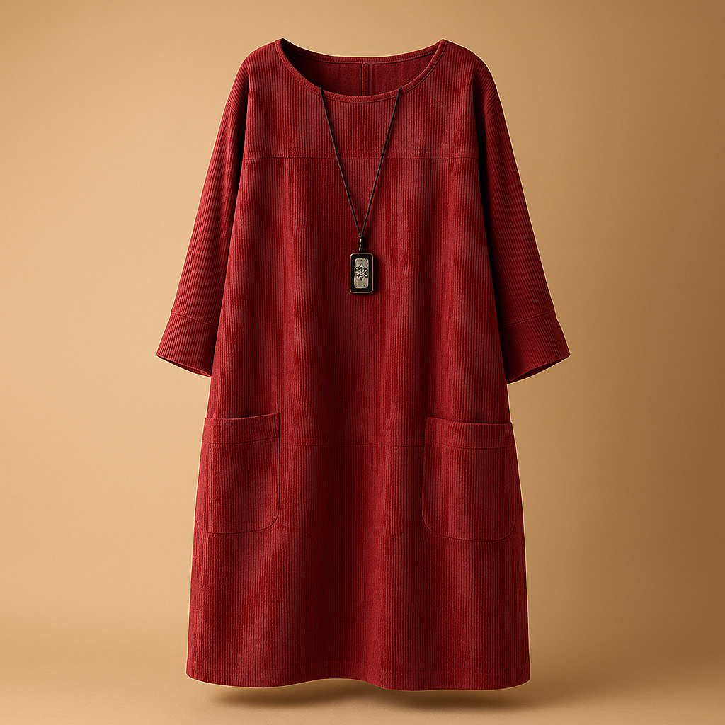 Women’s corduroy summer dress with short sleeves and knee-length fit, perfect for warm days, casual wear, and stylish occasions.