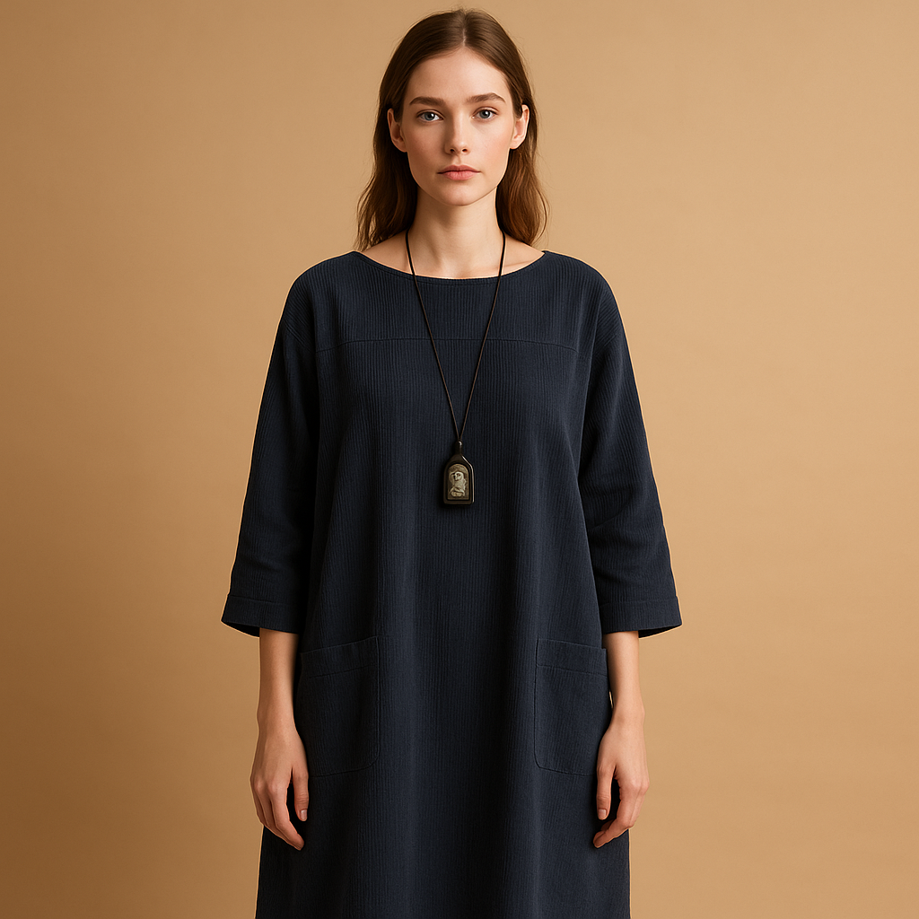 Women’s corduroy summer dress with short sleeves and knee-length fit, perfect for warm days, casual wear, and stylish occasions.
