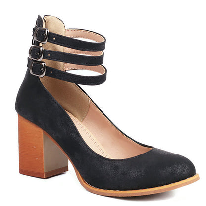Women's Ankle Strap Sandals Smooth Leather Thick Heel