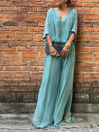 Women's V-Neck Jumpsuit Wide Leg Batwing Sleeve Two Piece