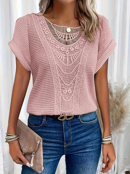 Women's Short Sleeve Waffle Knit Shirt Crochet Detail