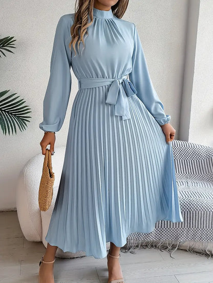Women's Pleated Midi Dress Belted Waist - VibreMode