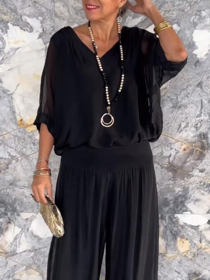 Women's V-Neck Jumpsuit Wide Leg Batwing Sleeve Two Piece