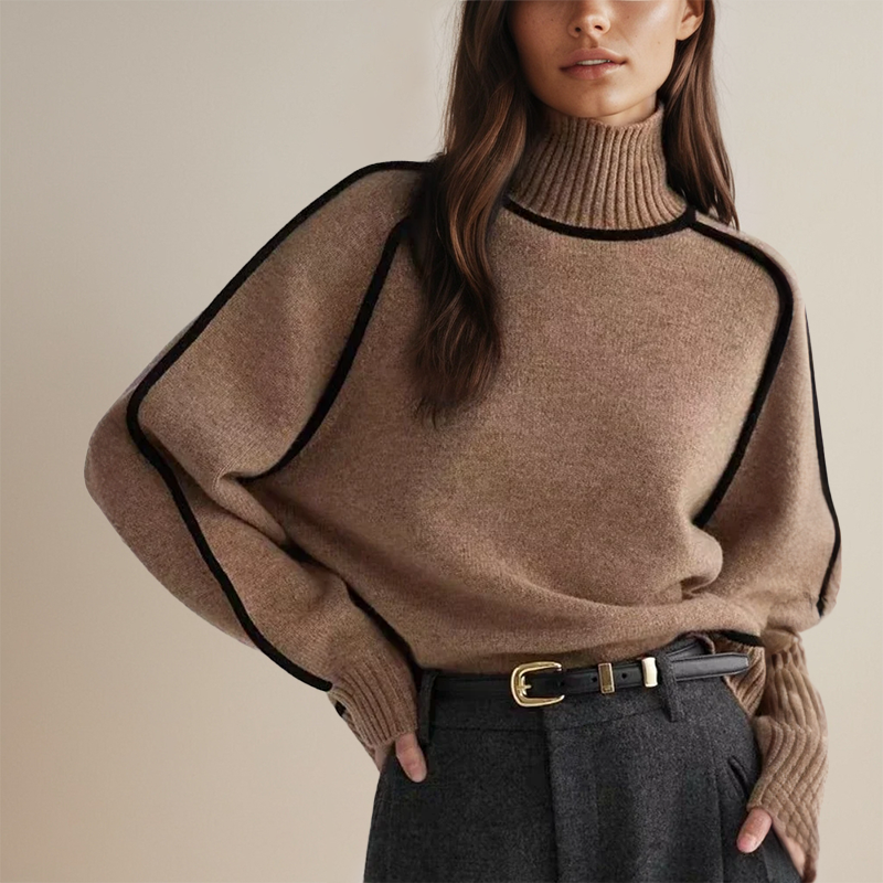 Women's Oversized Turtleneck Sweater Contrast Sleeve Trim - VibreMode