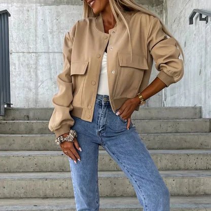 Women's Bomber Jacket Button Front Chest Pockets