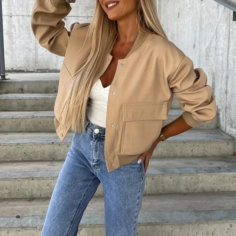 Women's Bomber Jacket Button Front Chest Pockets