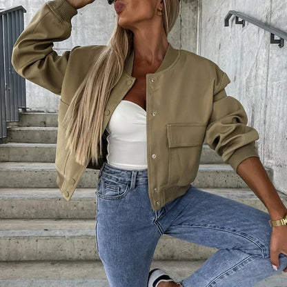 Women's Bomber Jacket Button Front Chest Pockets