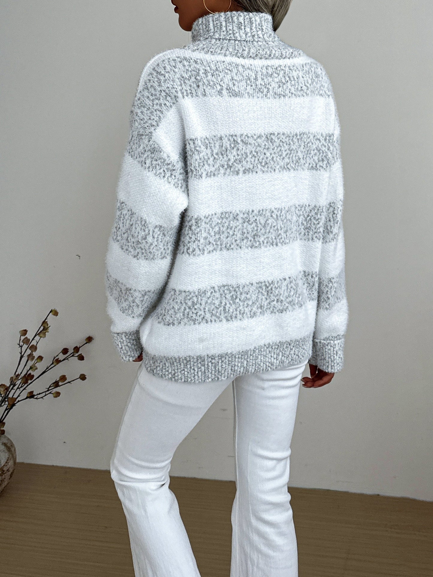 Women's Horizontal Striped Turtleneck Sweater Long Sleeve