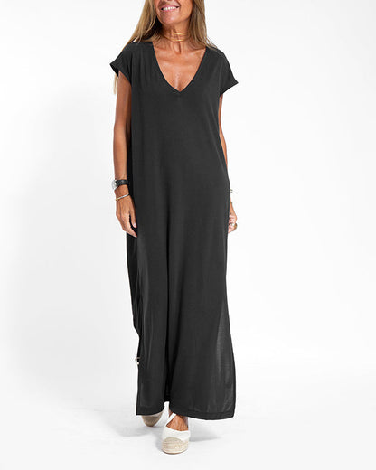 Women's V-Neck Maxi Dress Short Sleeve Coral
