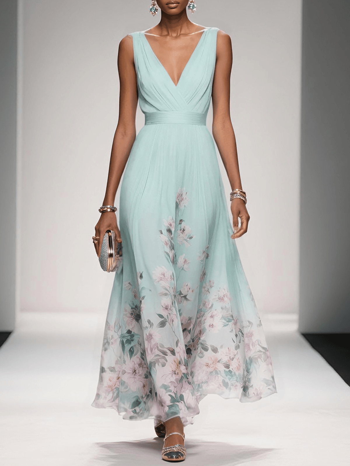 Women's Floral Maxi Dress Sleeveless V-Neck Wide Straps