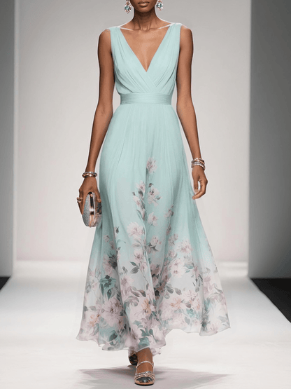 Women's Floral Maxi Dress Sleeveless V-Neck Wide Straps