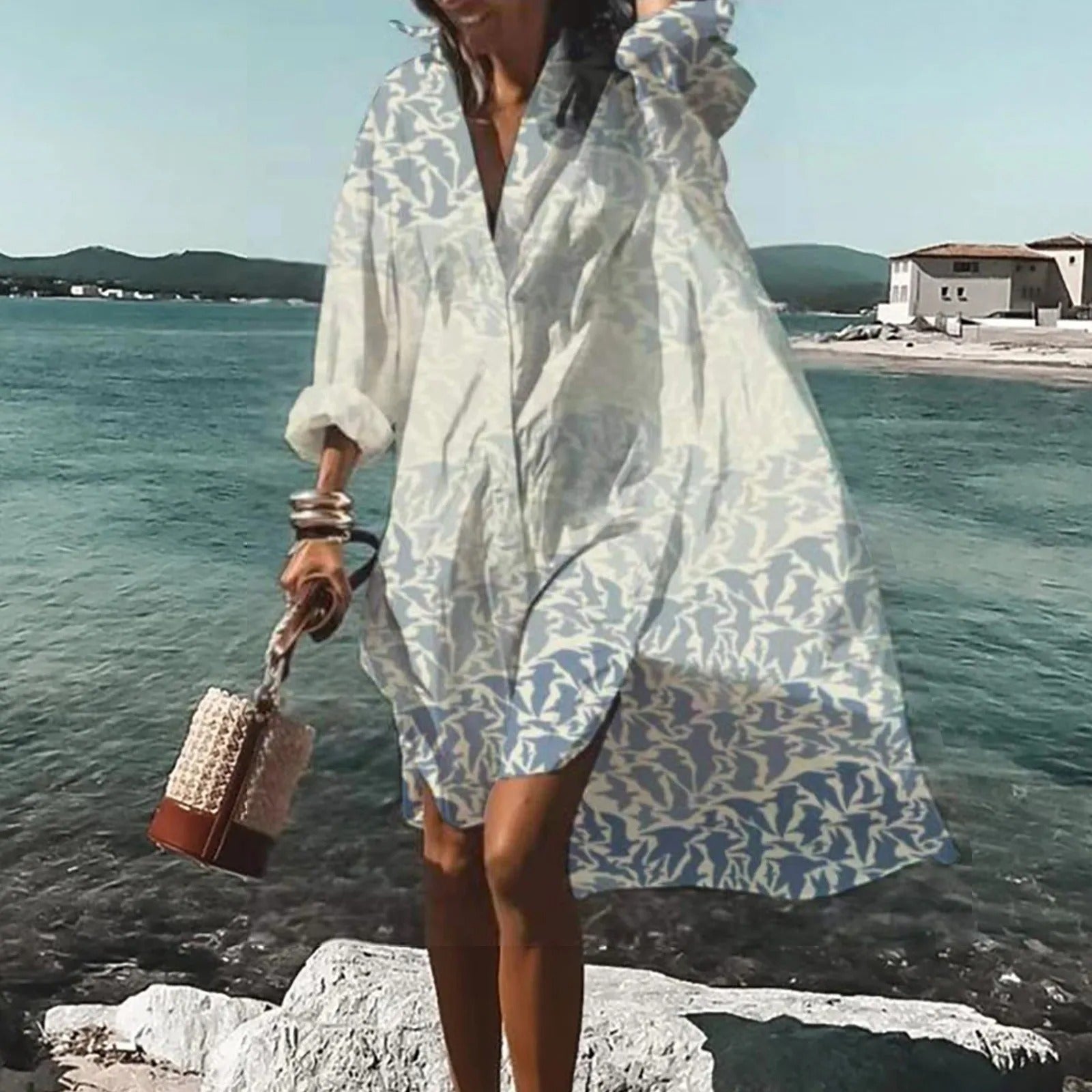 Women's Printed Shirt Dress Long Sleeve Collar - VibreMode